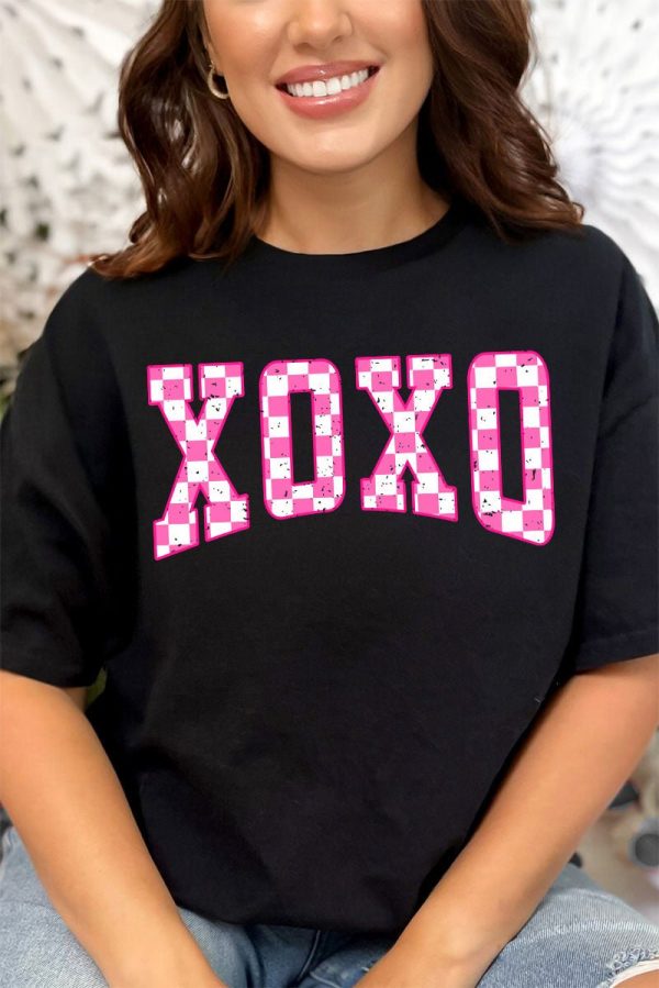 Pink Checkerboard XOXO Short Sleeve Relaxed Fit T-Shirt on Sale