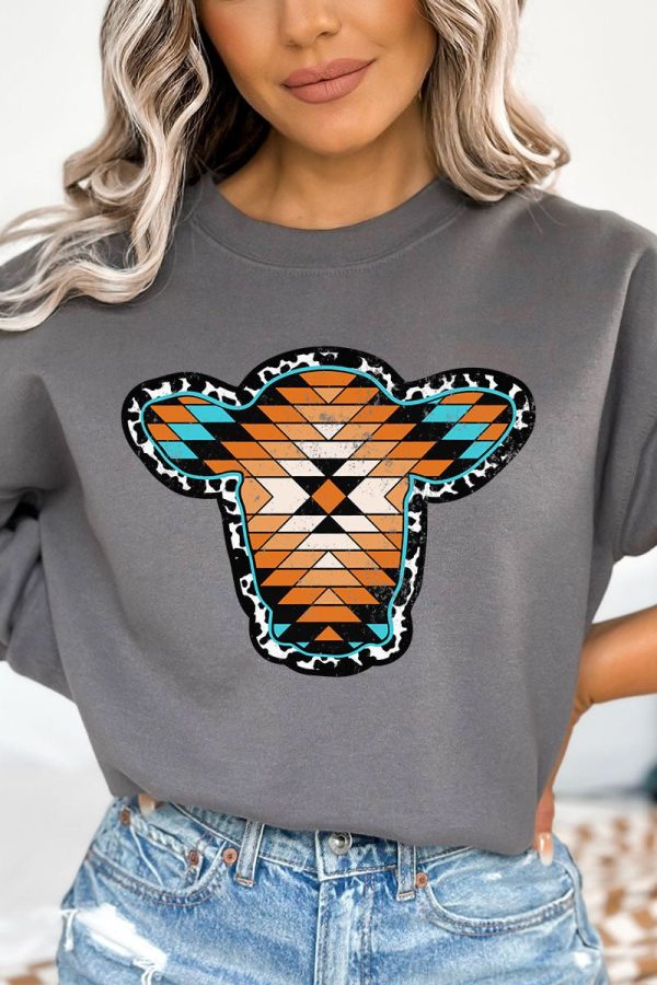 Aztec Cow Portrait Heavy-weight Crew Sweatshirt Online Hot Sale