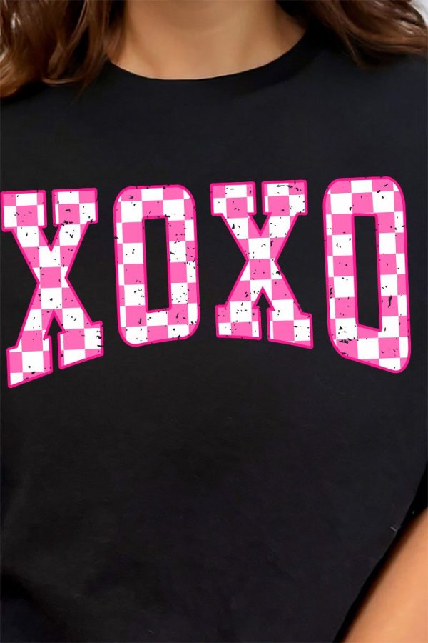 Pink Checkerboard XOXO Short Sleeve Relaxed Fit T-Shirt on Sale - Image 2