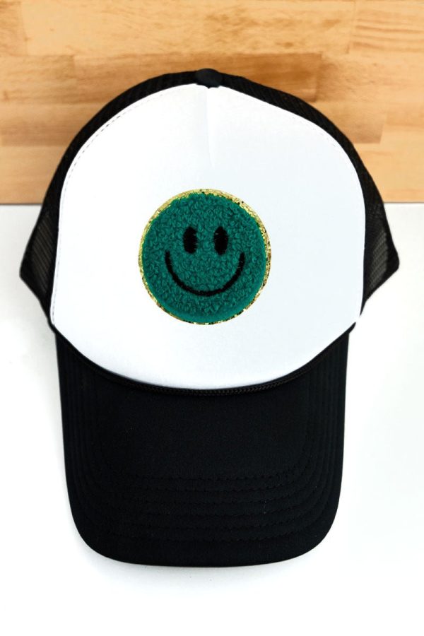 Chenille Happy Face White and Black Foam Mesh Back Trucker Cap - SHIPS ASSORTED Online - Image 2