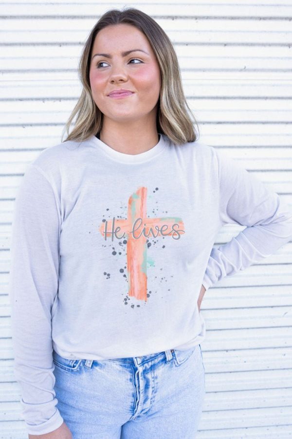 Watercolor He Lives Adult Soft-Tek Blend Long Sleeve Tee Supply