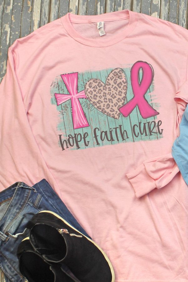 Hope Faith Cure Pink Ribbon Unisex Dri-Power Long-Sleeve 50 50 Tee For Sale